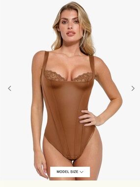 Sculpting Lace-Trim Bodysuit in Brown